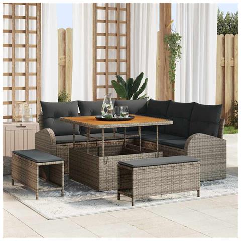Set di Sofà da Giardino 8 Pezzi con Cuscini Grigio Rattan Polietilene Acacia,  Sofà da Giardino per 2 Persone con Cuscini Grigio Rattan Polietilene,  Set da Pranzo da Giardino 3 Pezzi con Cuscini Grigio Rattan Polietilene Acacia - Foto 2