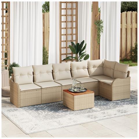 Set di Divani da Giardino 7 Pezzi con Cuscini Beige in Rattan Sintetico, Divano da Giardino 2 Posti con Cuscini Beige in Rattan Sintetico - Foto 2
