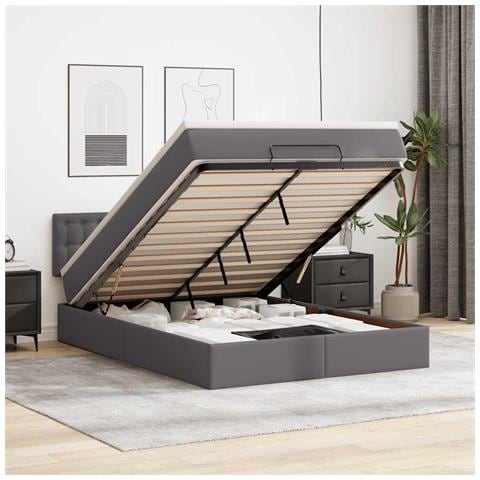 Struttura Letto Pouf con Materasso Grigio 140x190 cm Similpelle - Foto 2