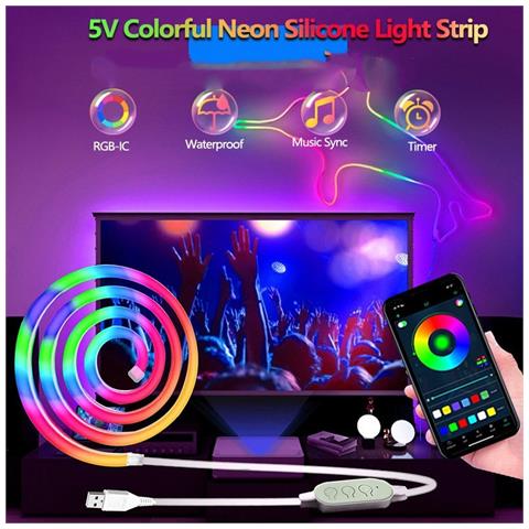 Striscia Led Neon Usb 3m - 60 Led/m, Controllo Bluetooth, 3 Tasti, Con Clip Di Montaggio - Foto 6