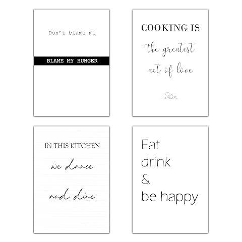 Set Di 4 Stampe Stampa Con Citazioni In Cucina Messaggi Stampa Illustrazioni Cartelli In Bianco E Nero In Moderno Per Senza Cornice A3 - Foto 1