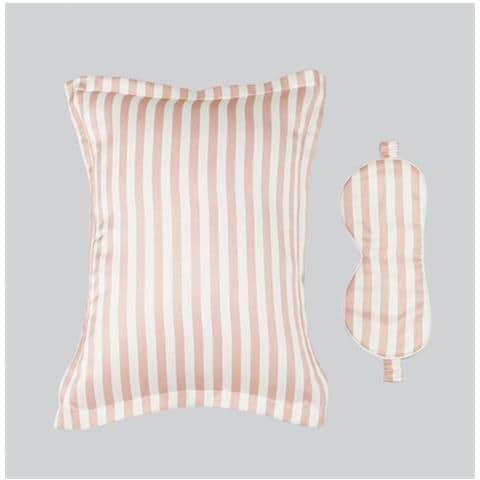 Set Mascherina E Federa In Seta A Righe - Compagno Di Sonno Da Viaggio White+pink - Foto 1