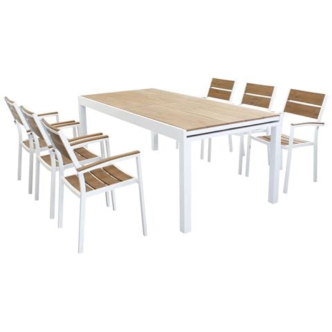 Set Tavolo Giardino Allungabile Rettangolare 200/300 X 100 Con 6 Poltrone In Alluminio Bianco E Polywood Da Esterno - Foto 1