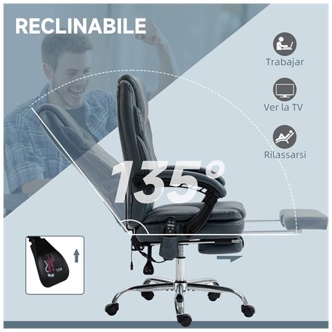 Sedia da Ufficio Massaggiante e Riscaldante con Poggiapiedi, in Pelle PU e Acciaio, 67x67x113-121 cm, Grigio - Foto 6