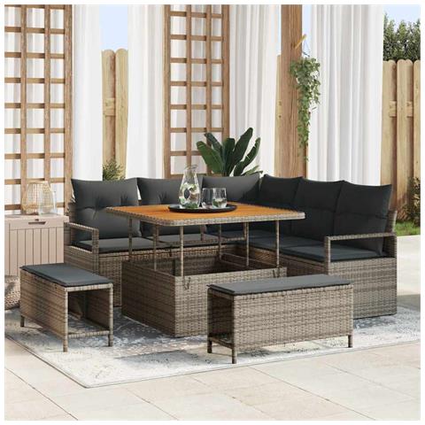 Set di Sofà da Giardino 8 Pezzi con Cuscini Grigio Rattan Polimerico Acacia, Sofà da Giardino 2 Posti con Cuscini Grigio Rattan Polimerico, Set di Pasti da Giardino 3 Pezzi con Cuscini Grigio Rattan Polimerico Acacia - Foto 2