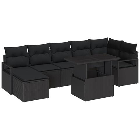 Set di divani da giardino  8 pezzi con cuscini in polyrattan nero, Divano da giardino  2 posti con cuscini in polyrattan nero - Foto 1