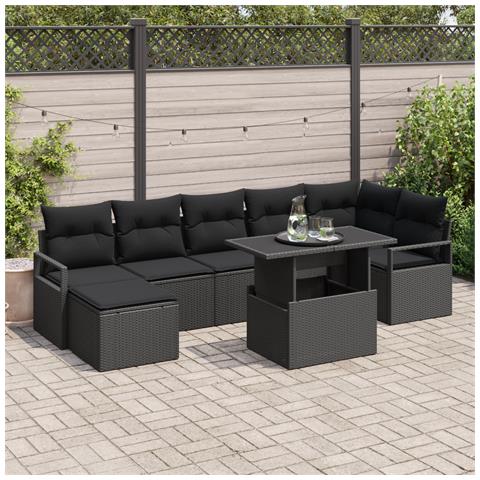 Set di divani da giardino  8 pezzi con cuscini in polyrattan nero, Divano da giardino  2 posti con cuscini in polyrattan nero - Foto 2