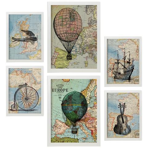Set Di 6 Stampe Collezione Di Mappe D'epoca Con Collage Estetico Per La Decorazione D'interni A3 & A4 Cornice Bianca - Foto 1