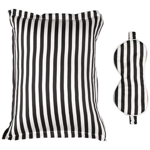 Set Mascherina E Federa In Seta A Righe - Compagno Di Sonno Da Viaggio White+black - Foto 1