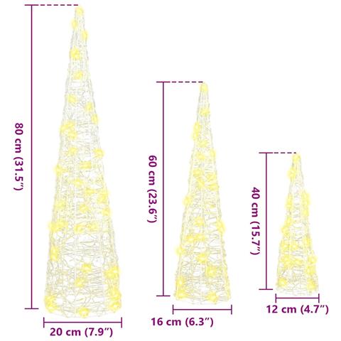 Albero di Natale 3 pcs Bianco caldo 20 x 20 x 80 cm Acrilico - Foto 8