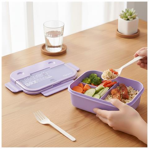 Contenitore Per Alimenti Da 700 Ml A 3 Scomparti Con Cucchiaio E Forchetta, Viola - Foto 5