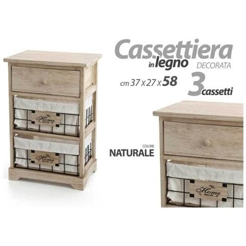 Trade Shop - Mobile Cassettiera In Legno Naturale 3 Cassetti 37x27x58cm Decorata Ceste 787805 - Foto 1