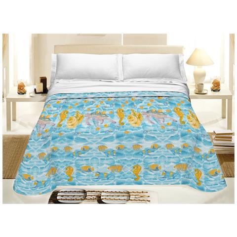 Copriletto Piquet Primavera Estate 100% Cotone Disegno Sea Life Piazza E Mezza Azzurro - Foto 1