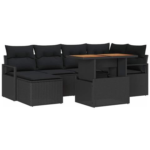 Set di divani da giardino  7 pezzi con cuscini Nero Rattan Poli Acacia, Divano da giardino 2 posti  con cuscini Nero Rattan Poli - Foto 1