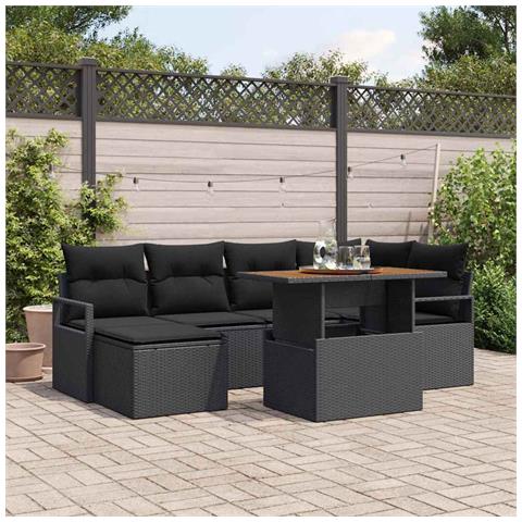 Set di divani da giardino  7 pezzi con cuscini Nero Rattan Poli Acacia, Divano da giardino 2 posti  con cuscini Nero Rattan Poli - Foto 2