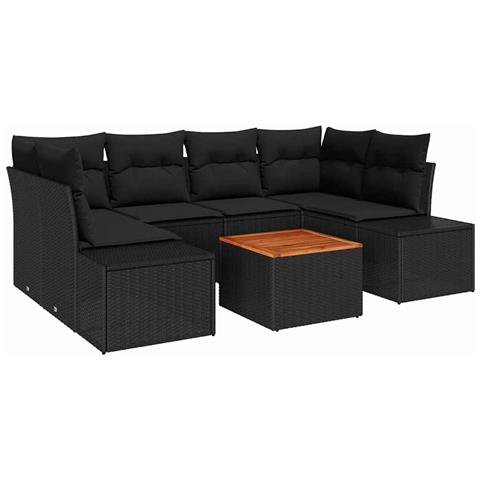 Set di divani da giardino da 7 pezzi con cuscini neri in polyrattan e legno di acacia - Foto 1