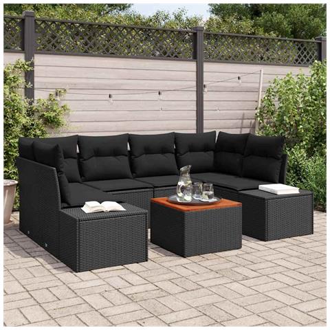 Set di divani da giardino da 7 pezzi con cuscini neri in polyrattan e legno di acacia - Foto 2