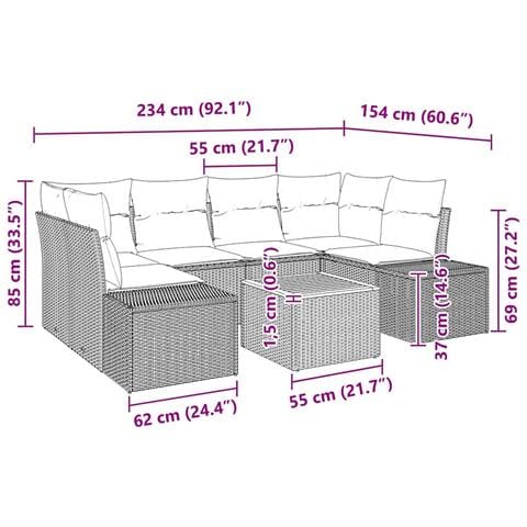 Set di divani da giardino da 7 pezzi con cuscini neri in polyrattan e legno di acacia - Foto 9