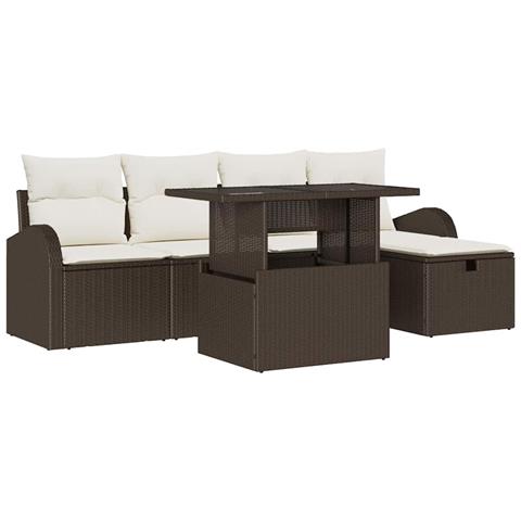 Set Divano da Giardino 6 Pezzi con Cuscini Marrone Poly Rattan,  Divano da Giardino 2 Posti con Magazzino e Cuscini Marrone Poly Rattan - Foto 1