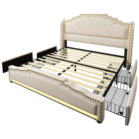 Letto Imbottito 140x200 Cm, Letto Matrimoniale Con 4 Cassetti, Illuminazione A Led E Connessione Di Ricarica Usb-c, Letto Contenitore E Lettino Con Rete A Doghe, Velluto, Beige, Con Materasso - Foto 2