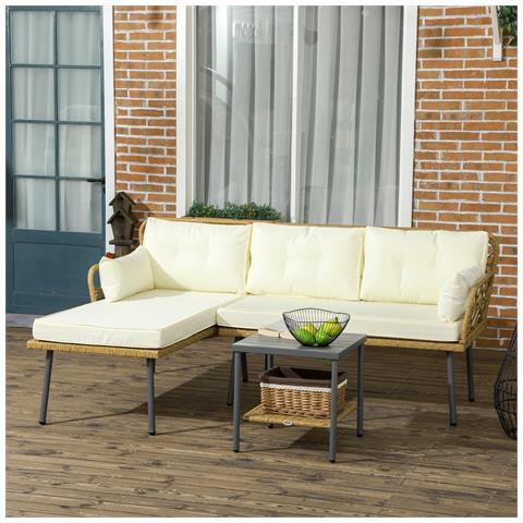 Salotto Da Giardino In Rattan Pe Con Chaise Longue, Divano 2 Posti E Tavolino, Crema - Foto 2