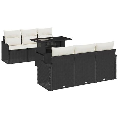 Set di divani da giardino  7 Pezzi con Cuscini Nero Rattan Polietilene, Divano da giardino  2 Posti con Spazio di Stoccaggio e Cuscini Nero Rattan Polietilene - Foto 1