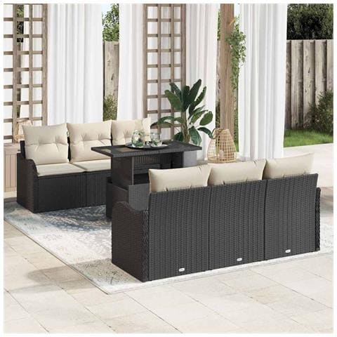 Set di divani da giardino  7 Pezzi con Cuscini Nero Rattan Polietilene, Divano da giardino  2 Posti con Spazio di Stoccaggio e Cuscini Nero Rattan Polietilene - Foto 2