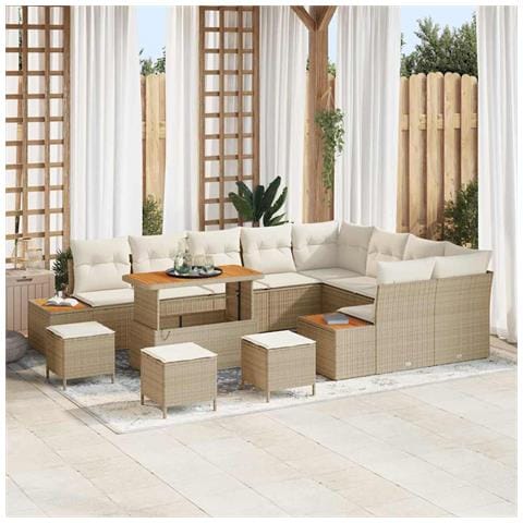 Set Divano da Giardino vitaXL da 13 Pezzi con Cuscini in Rattan Polipropilene Beige, Set da Pranzo da Giardino vitaXL da 4 Pezzi con Cuscini in Rattan Polipropilene Beige - Foto 2