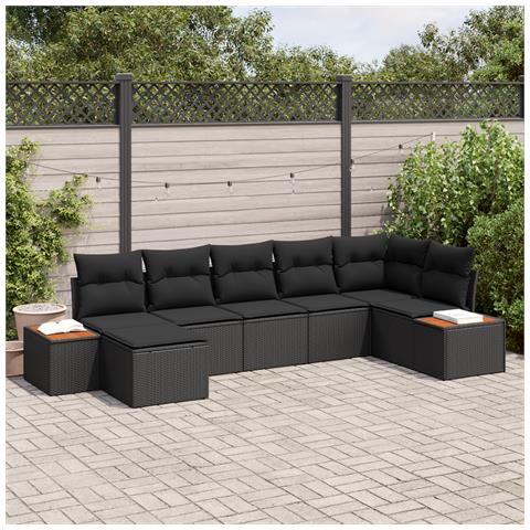 Set di Divano da Giardino 7 Pezzi con Cuscini Nero Polyrattan Acacia - Foto 2