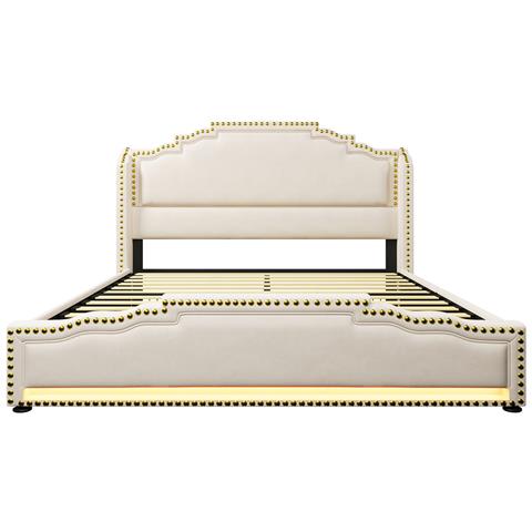 Letto Imbottito 160x200 Cm, Letto Matrimoniale Con 4 Cassetti, Illuminazione A Led E Connessione Di Ricarica Usb-c, Letto Contenitore E Lettino Con Rete A Doghe, Velluto, Beige, Con Materasso - Foto 2
