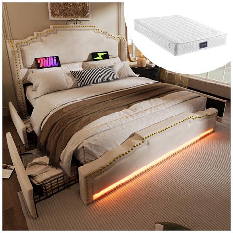 Letto Imbottito 160x200 Cm, Letto Matrimoniale Con 4 Cassetti, Illuminazione A Led E Connessione Di Ricarica Usb-c, Letto Contenitore E Lettino Con Rete A Doghe, Velluto, Beige, Con Materasso - Foto 1
