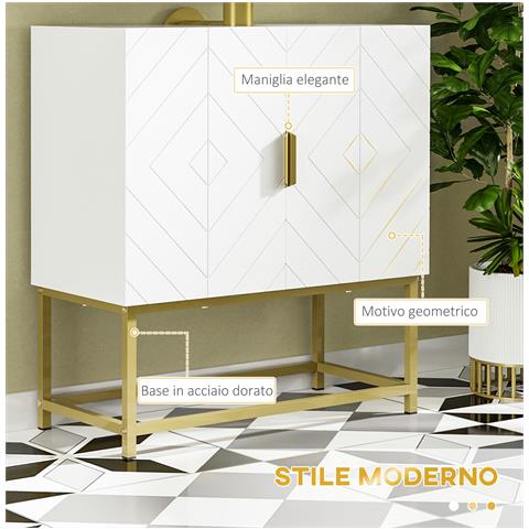 Mobile Bagno Sottolavabo Con Armadietto 2 Ante In Legno E Acciaio, 60x30x65cm, Bianco E Oro - Foto 2