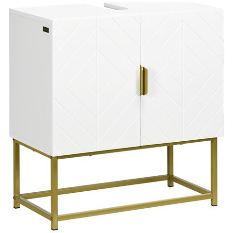 Mobile Bagno Sottolavabo Con Armadietto 2 Ante In Legno E Acciaio, 60x30x65cm, Bianco E Oro - Foto 1