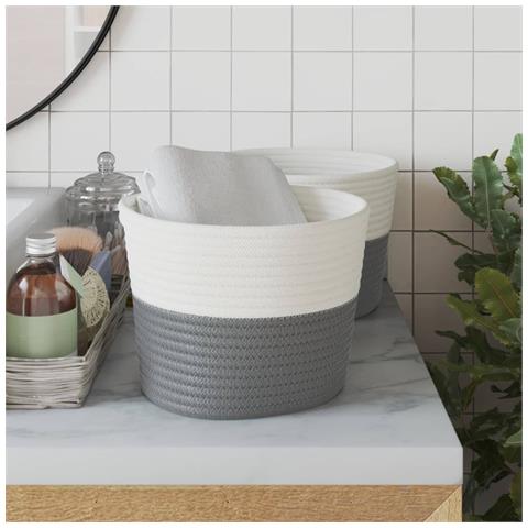 Cestini Portaoggetti 2pz Grigio E Bianco 24x18 Cm In Cotone - Foto 3