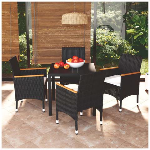 Set Da Pranzo Per Giardino 5 Pz Con Cuscini Polyrattan Nero - Foto 1