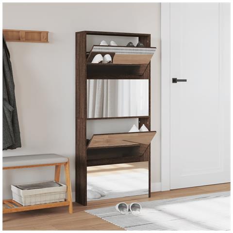 Scarpiera Con Specchio A 4 Livelli Rovere Marrone 63x17x134 Cm - Foto 2