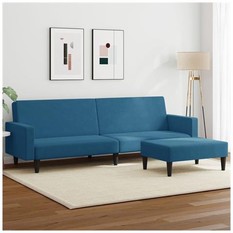 Divano Letto 2 Posti con Poggiapiedi Blu in Velluto - Foto 2
