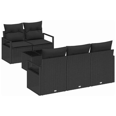 Set Divano da Giardino  6 Pezzi con Cuscini Nero Polyrattan, Divano da Giardino  2 Posti con Spazio di Stoccaggio e Cuscini Nero Polyrattan - Foto 1