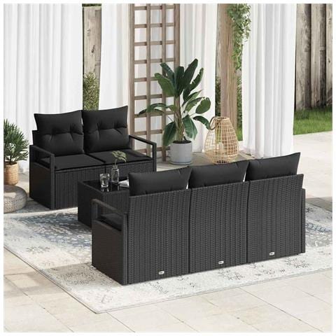 Set Divano da Giardino  6 Pezzi con Cuscini Nero Polyrattan, Divano da Giardino  2 Posti con Spazio di Stoccaggio e Cuscini Nero Polyrattan - Foto 2