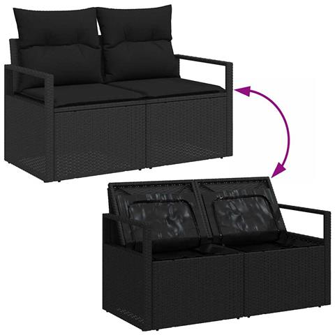 Set Divano da Giardino  6 Pezzi con Cuscini Nero Polyrattan, Divano da Giardino  2 Posti con Spazio di Stoccaggio e Cuscini Nero Polyrattan - Foto 9