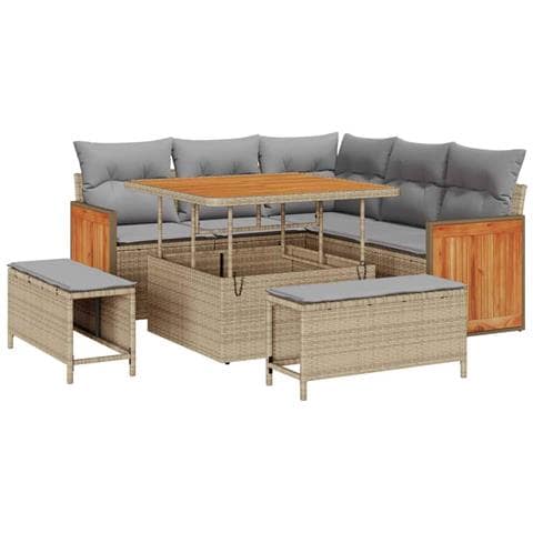 Set divano giardino  - 8 pezzi con cuscini beige in polyrattan acacia, Divano giardino a 2 posti  con cuscini beige in polyrattan, Set pranzo giardino - 3 pezzi con cuscini beige in polyrattan acacia - Foto 1