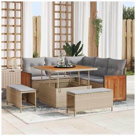 Set divano giardino  - 8 pezzi con cuscini beige in polyrattan acacia, Divano giardino a 2 posti  con cuscini beige in polyrattan, Set pranzo giardino - 3 pezzi con cuscini beige in polyrattan acacia - Foto 2
