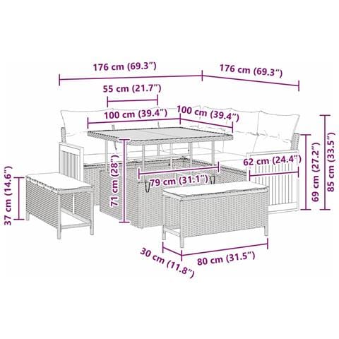 Set divano giardino  - 8 pezzi con cuscini beige in polyrattan acacia, Divano giardino a 2 posti  con cuscini beige in polyrattan, Set pranzo giardino - 3 pezzi con cuscini beige in polyrattan acacia - Foto 9