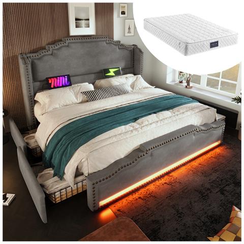 Letto Imbottito 140x200 Cm, Letto Matrimoniale Con 4 Cassetti, Illuminazione A Led E Connessione Di Ricarica Usb-c, Letto Contenitore E Lettino Con Rete A Doghe, Velluto, Grigio, Con Materasso - Foto 1