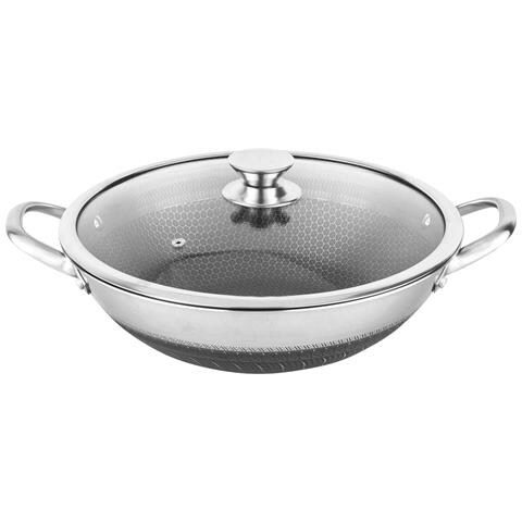 Wok 32 Cm Con Rivestimento A Nido D'ape E Coperchio Anti-graffio, Argento - Foto 1