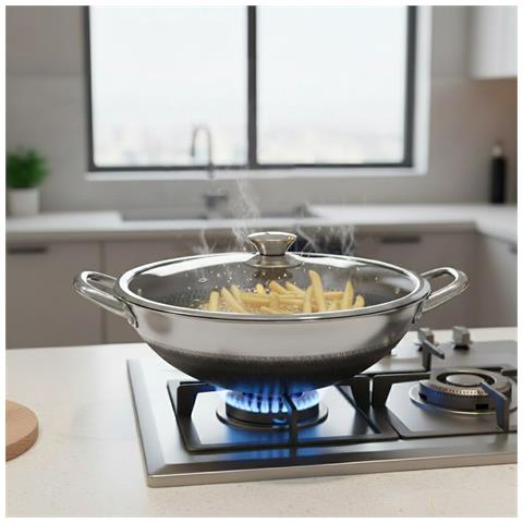 Wok 32 Cm Con Rivestimento A Nido D'ape E Coperchio Anti-graffio, Argento - Foto 5