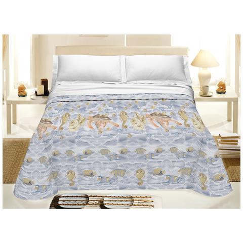 Copriletto Piquet Primavera Estate 100% Cotone Disegno Sea Life Piazza E Mezza Naturale - Foto 1