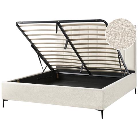 Letto Matrimoniale Tessuto Bouclè Bianco Sporco Con Contenitore 180 X 200 Cm Sezanne - Foto 2
