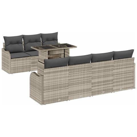Set di Divani da Giardino 8 Pezzi con Cuscini Grigio Chiaro Polyrattan,  Divano da Giardino a 2 Posti con Cuscini Grigio Chiaro Polyrattan - Foto 1
