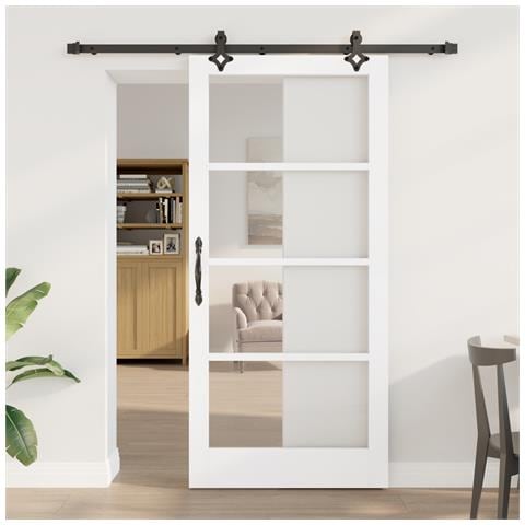 Porta Scorrevole con Set di Accessori 'ORKDAL'in Legno Massello Bianca e Vetro, Porta Interna con Vetro 'ORKDAL'Bianca 93x202x4 cm - Foto 2